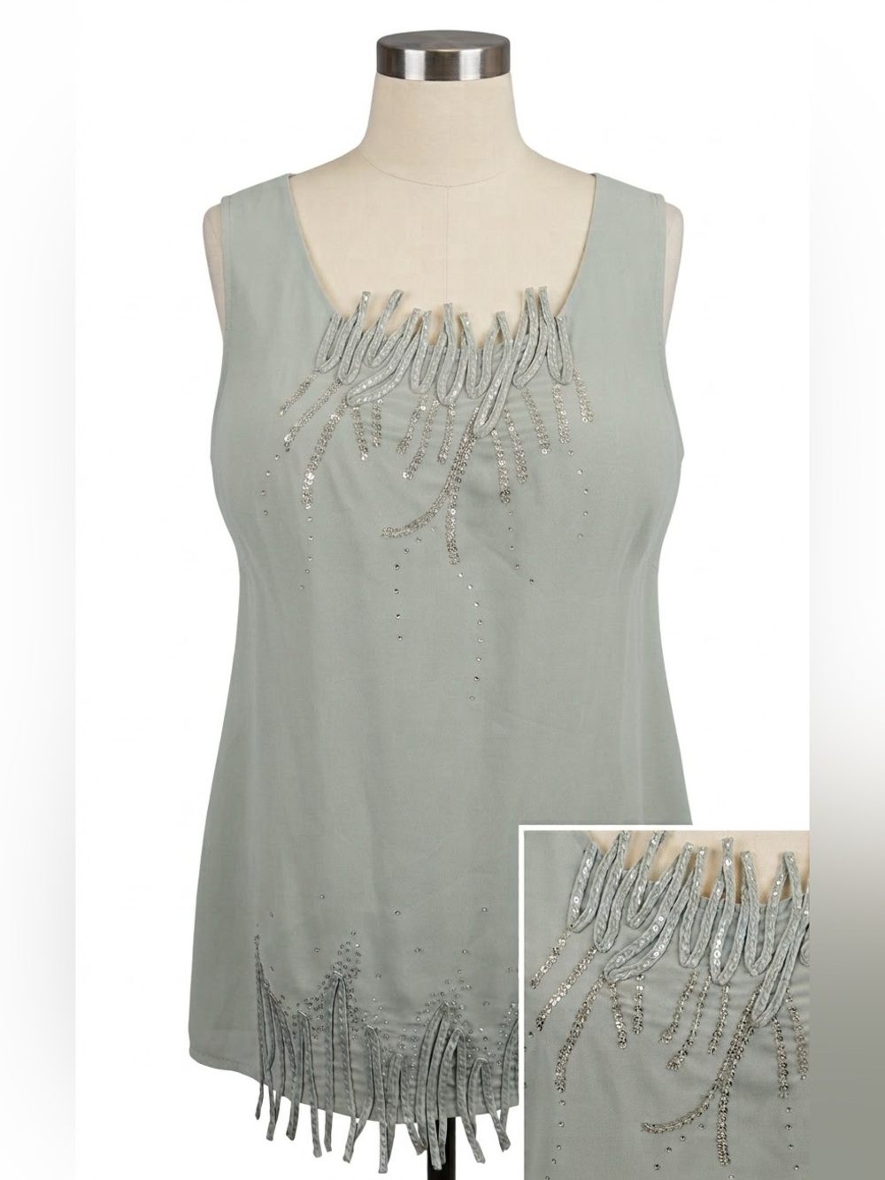 Vintage Psalm: CIV Muted Sage Green Beaded Fringed Blouse Top Plus Size 22W SL